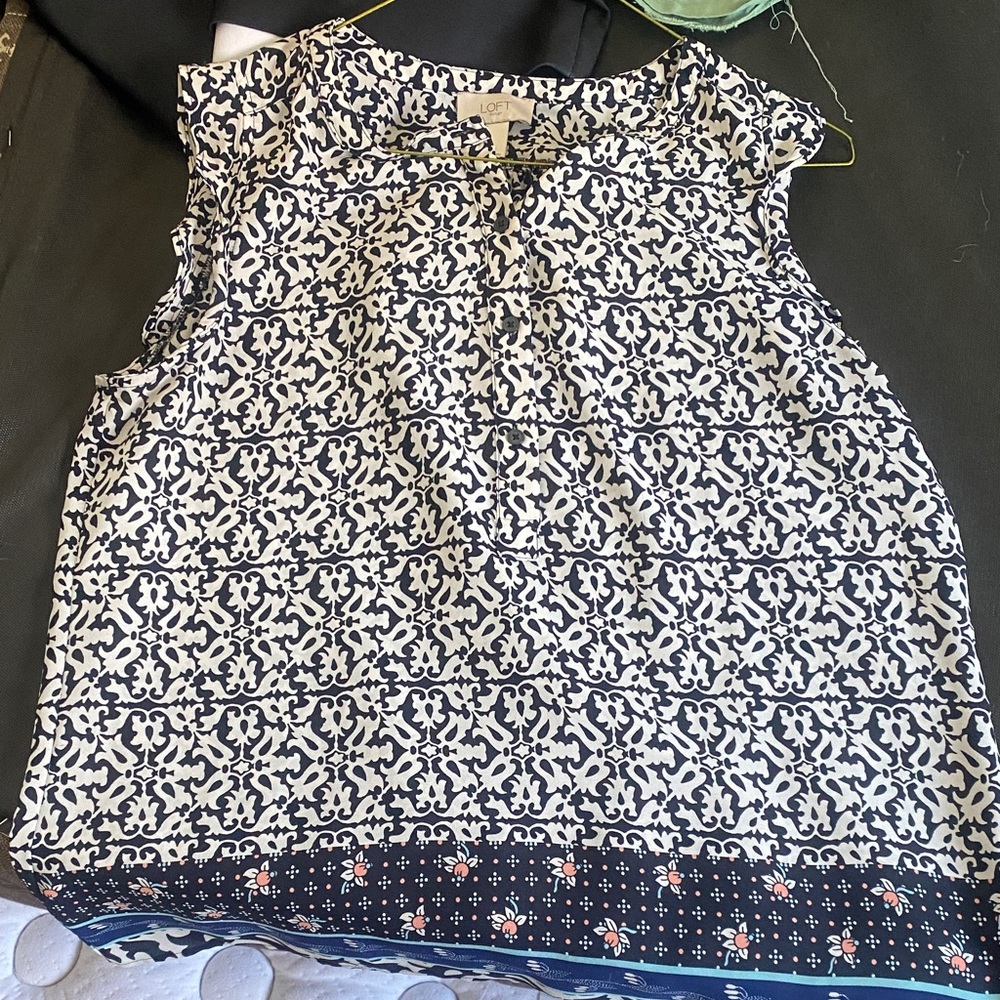 LOFT Navy and White Patterned Women's Top